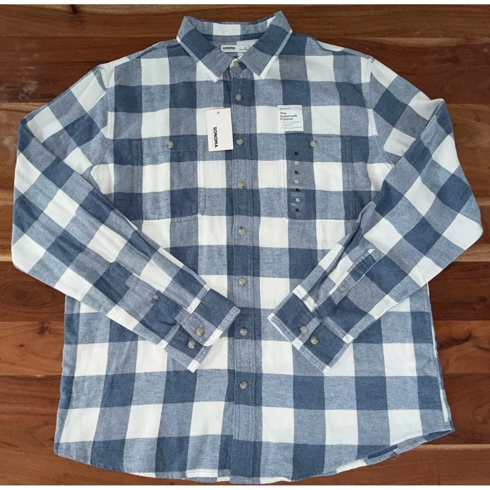 Sonoma Supersoft Flannel Shirt Mens XL Blue White Buffalo Plaid MS33W120RN7 NEW